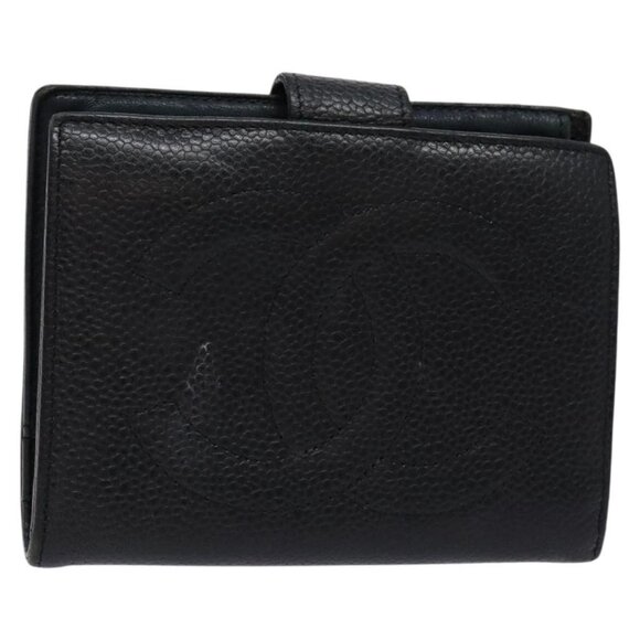 CHANEL Bifold Wallet Grained Calf Skin Black Gold CC Auth main image 3